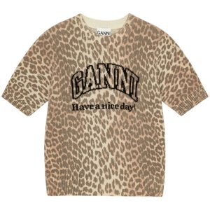 GanniLeopard Print Wool Blend T-Shirt - Brown