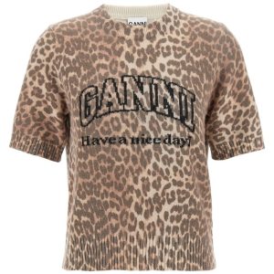 GanniLeopard Wool Mix T-Shirt - Brown