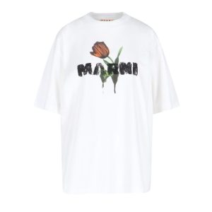 MarniWhite Cotton T-Shirt With Tulip Print - White